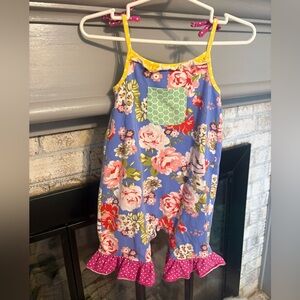 Matilda Jane Purple Floral Romper with Green Pocket and Yellow Trim